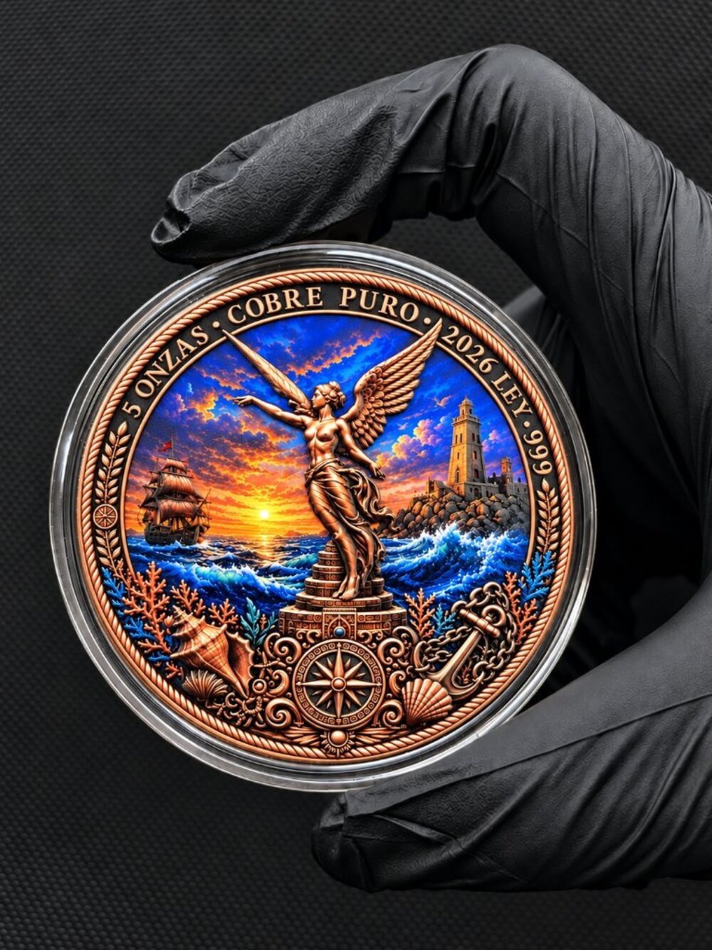 5 Ounce 0.999 Fine Colorized Copper Round - Mexican Libertad Nautical Ocean